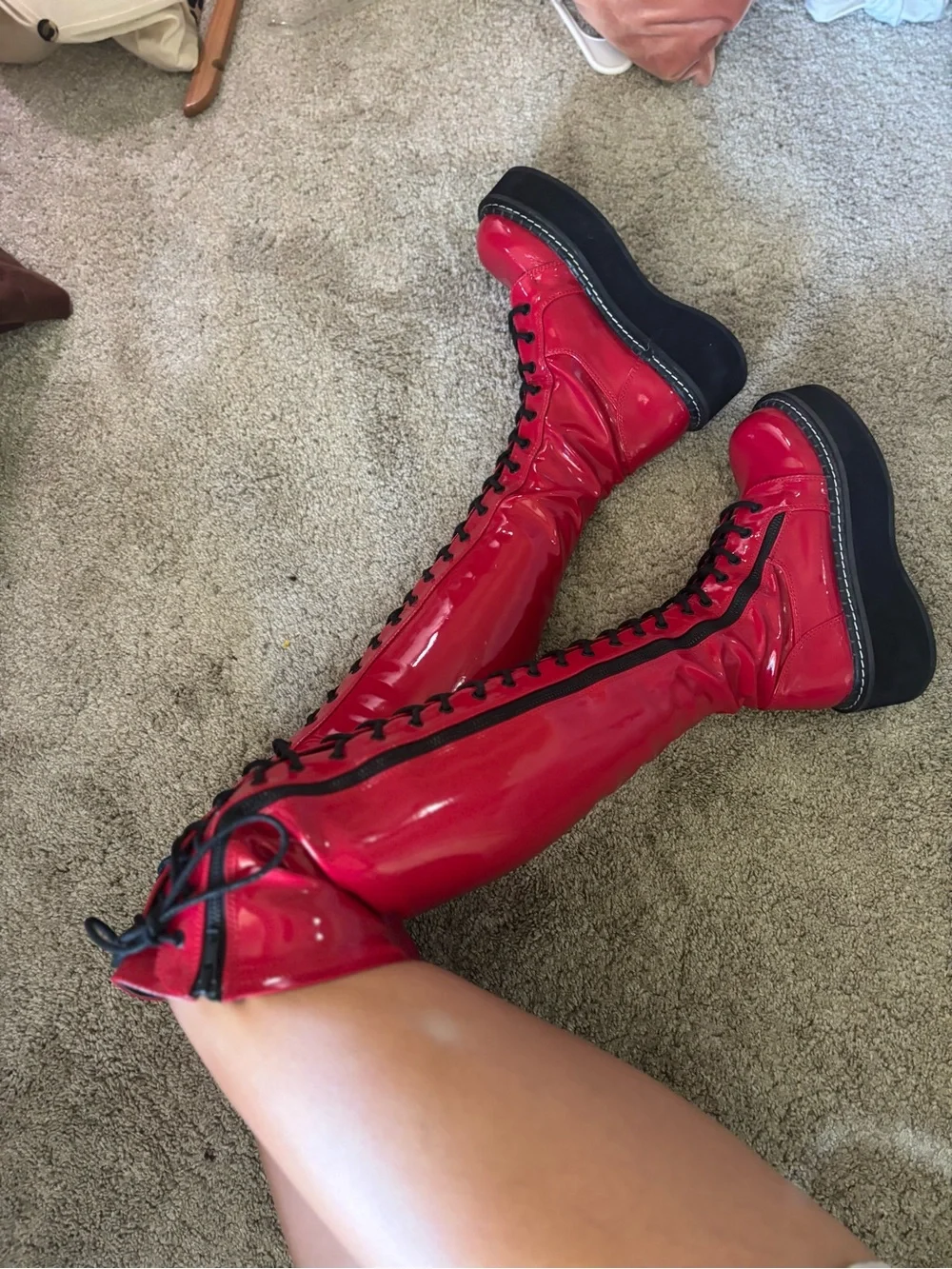 Platform Demonia Red Patent Over-the-Knee Lace-Up Boots